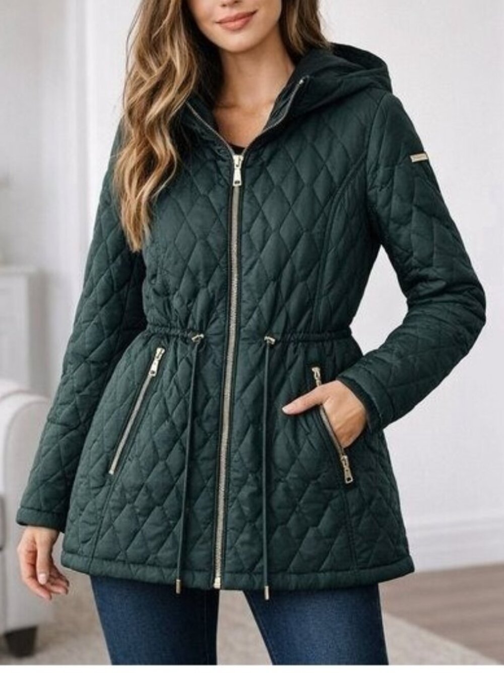 🛍 Laundry By Shelli Segal Quilted Hooded Puffer Jacket w/ Cinched Waist Green
